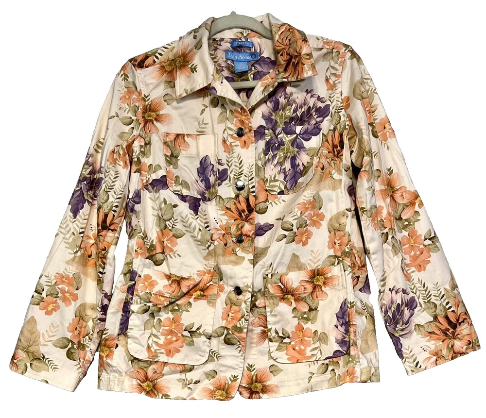 Evan Picone Women's Peach Floral Stretch Jacket Blazer Button Front Size S